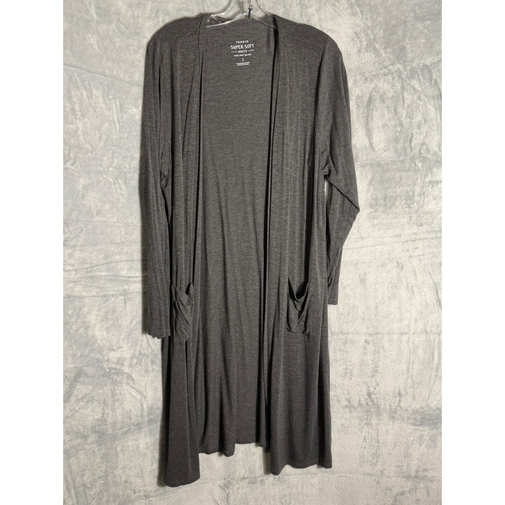Torrid Super Soft Knits Grey Duster‎ Cardigan Size 1 Womens 14/16 Longline Open